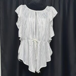 Vtg Elissia Teddy Bodysuit Womens Small Lingerie White Stripe Ruffle Nighty USA